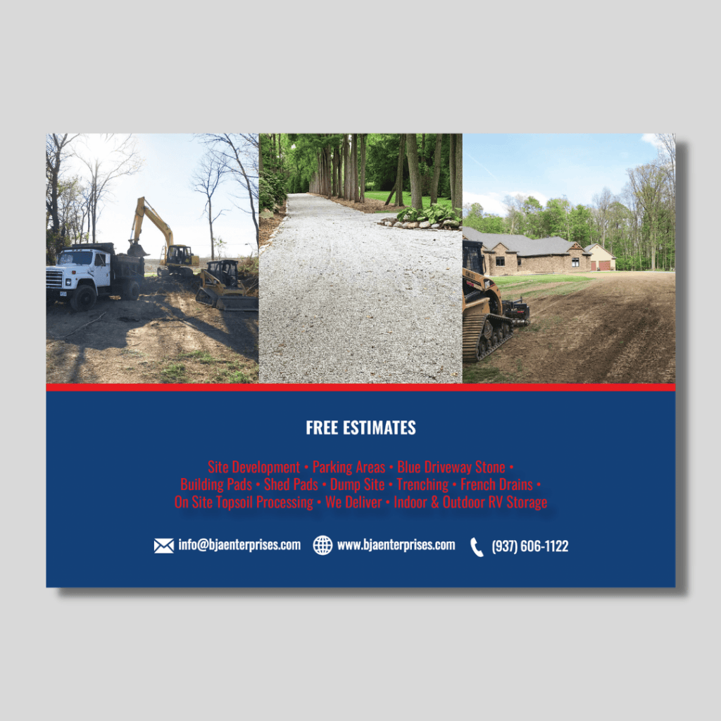 blue and red direct mail postcard with excavating photos overlayed on a grey background