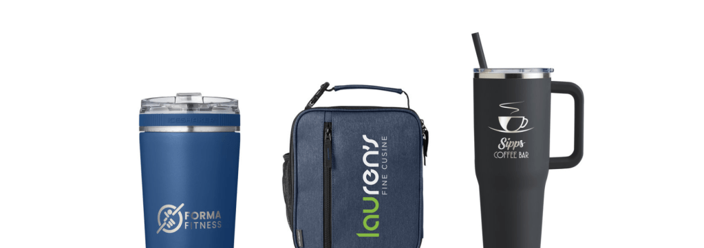 collage of promotional products tumbler, lunchbox and coffee cup
