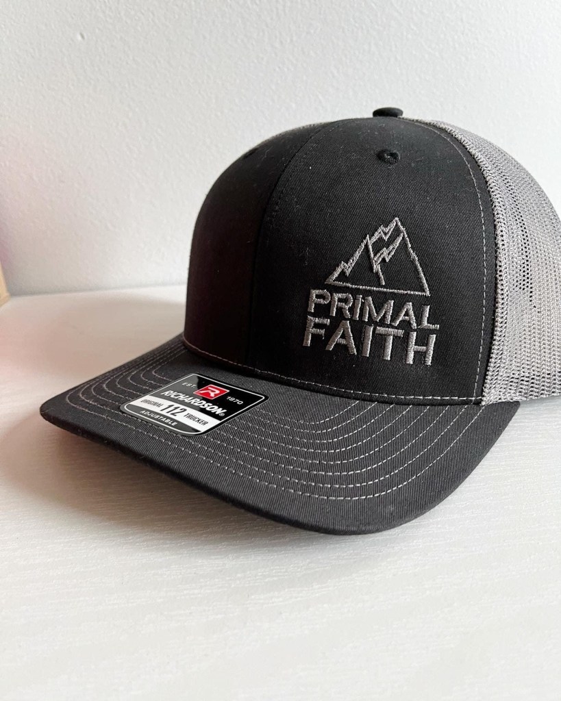 gray and black embroidered hat